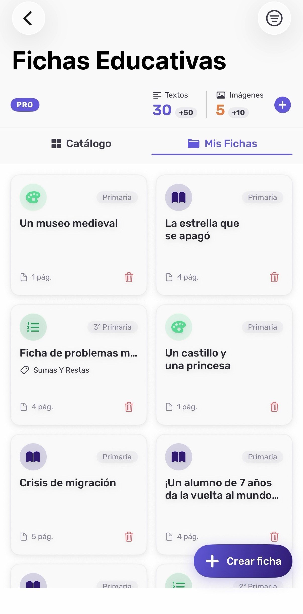 Listado de fichas creadas