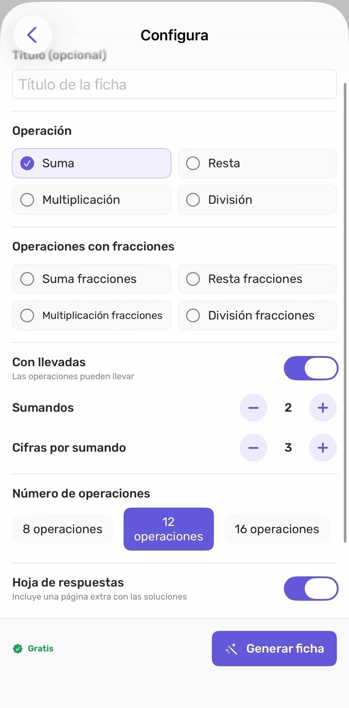 Configuración de una ficha de Matemáticas