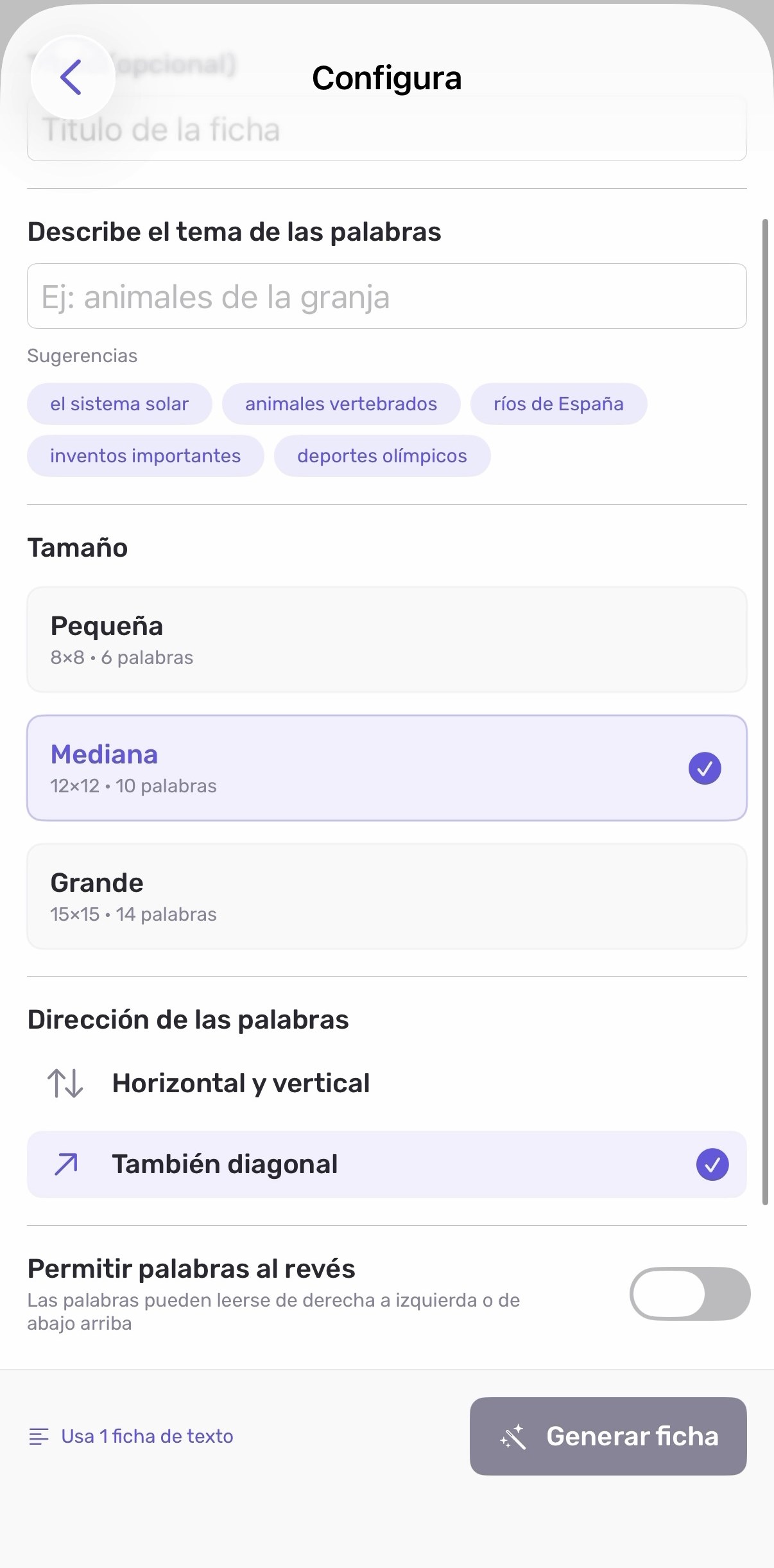 Configuración de una Sopa de Letras