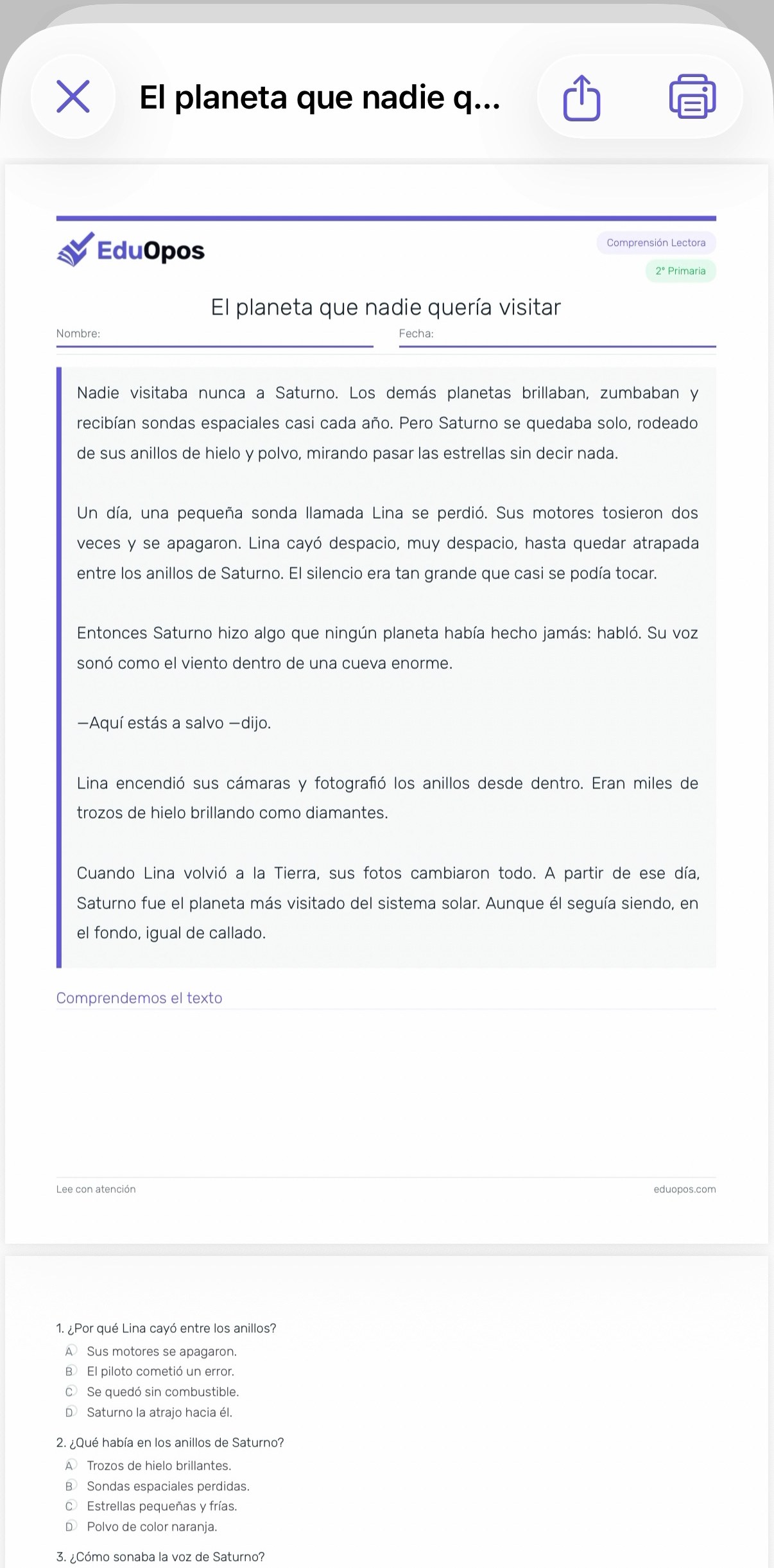 Ficha de Comprensión Lectora generada