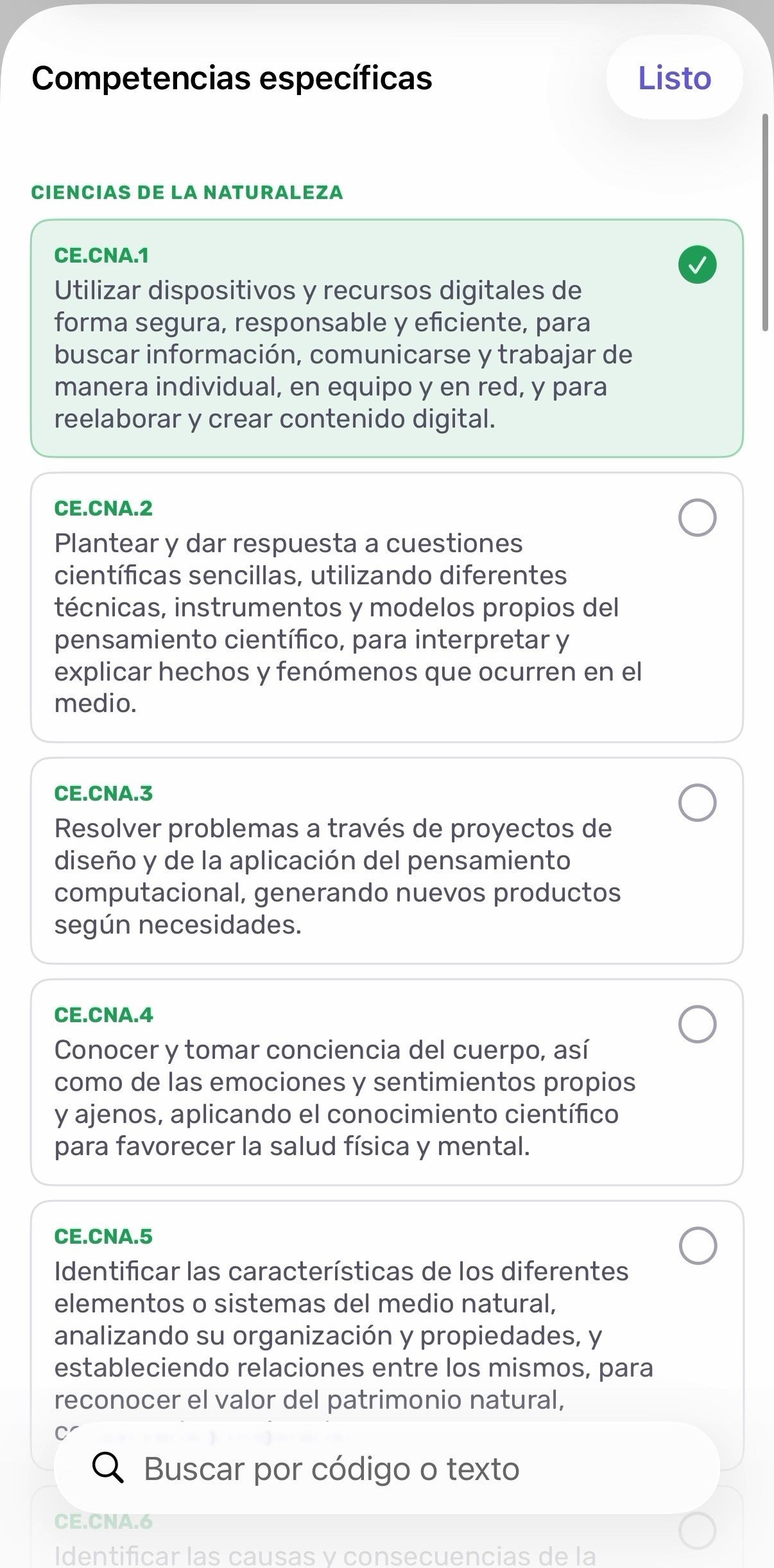 Selección de competencias específicas