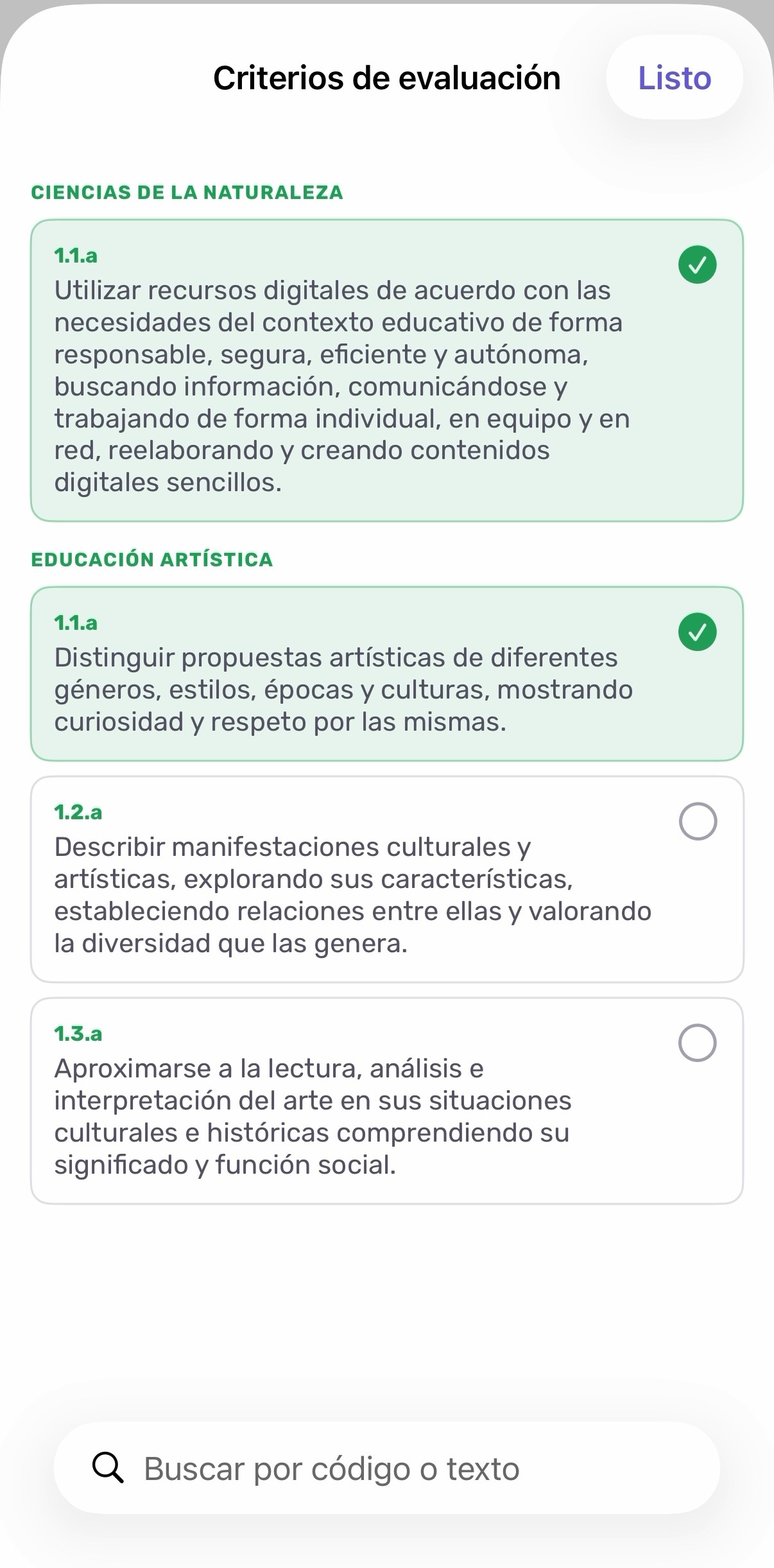 Selección de criterios de evaluación