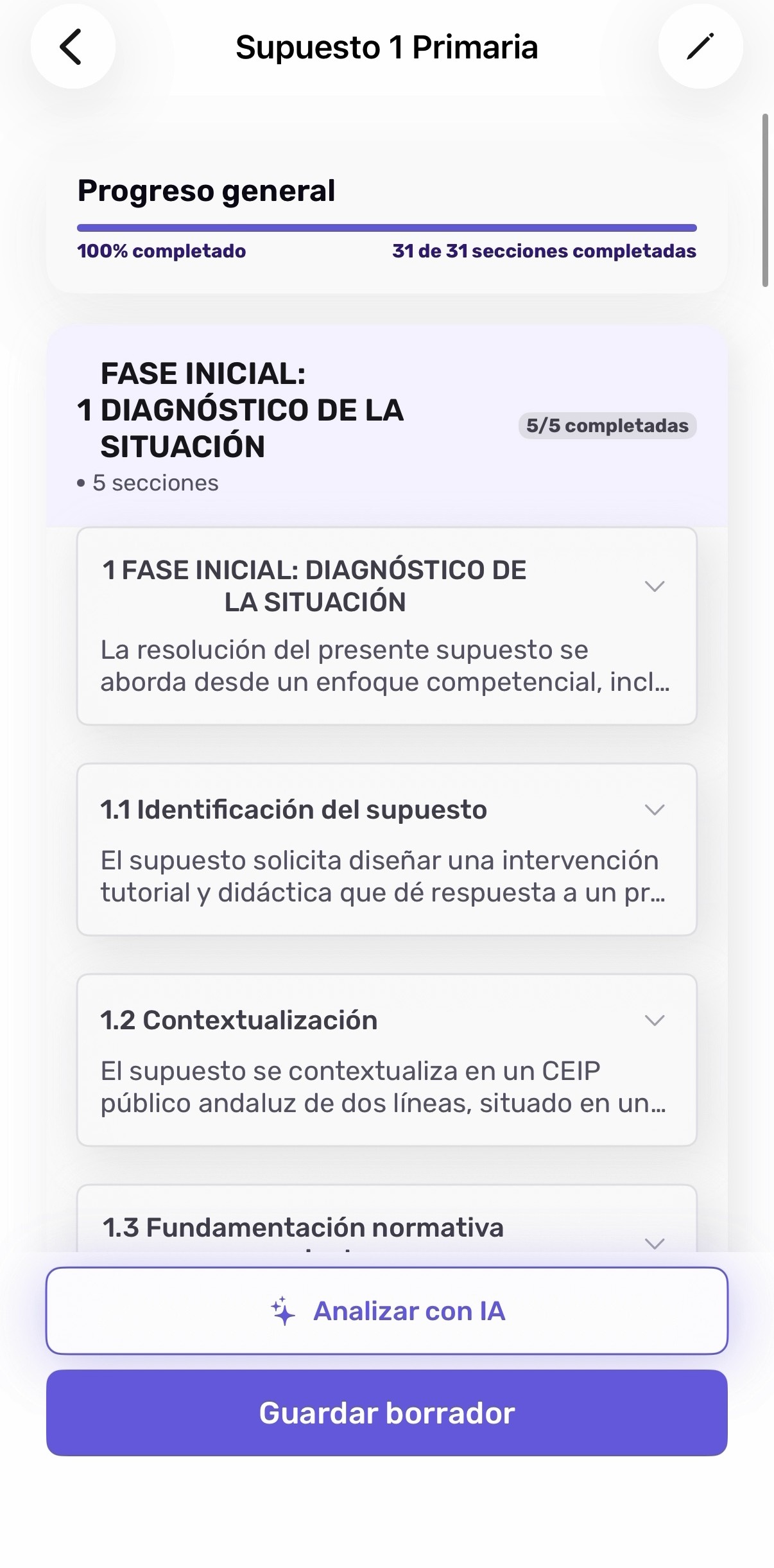 Progreso general y acciones disponibles