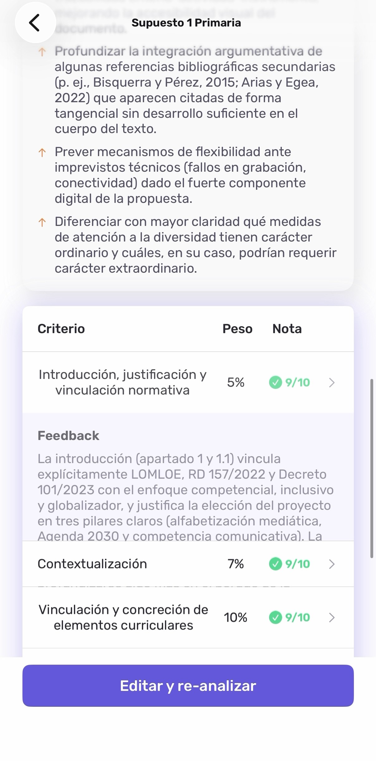 Resultados desglosados por criterio