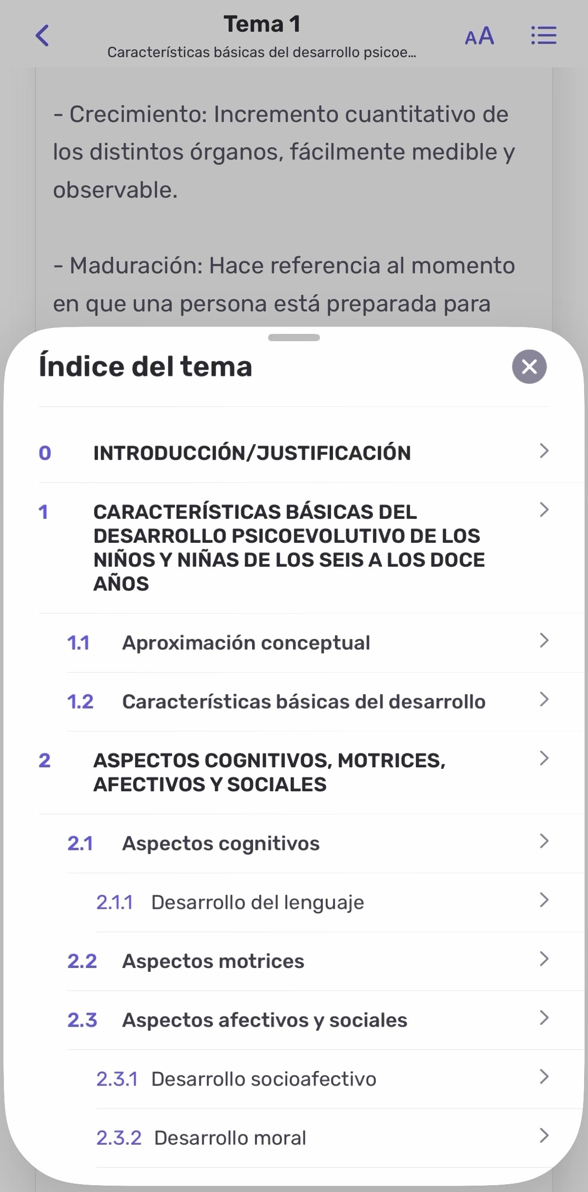 Índice con los apartados del tema