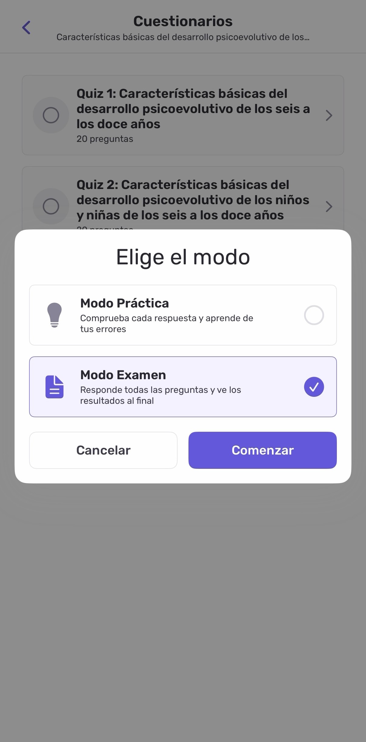 Selección entre Modo Práctica y Modo Examen